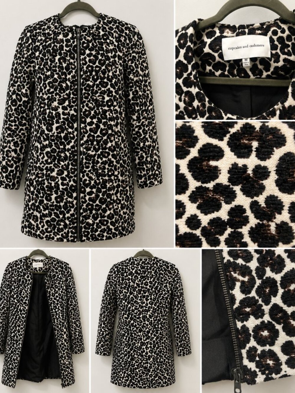 Cupcakes & Cashmere Leopard Print Zip Front Coat Black White Size M